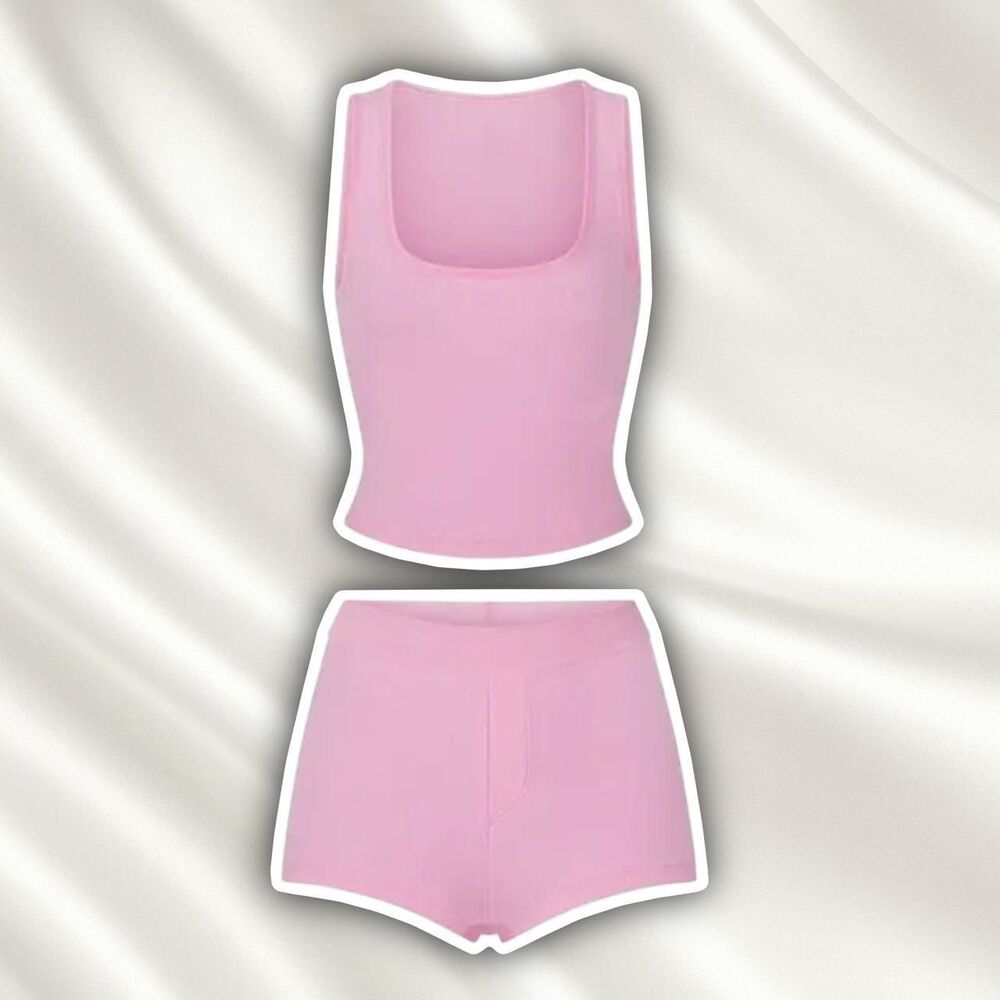 Skims logo pointelle pink tank and shorts velvet detail sleep set